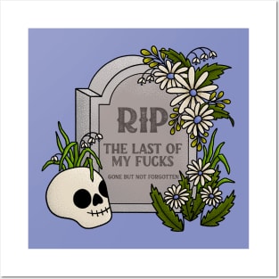 Tattoo Style Grave with Skull and Purple Flowers Posters and Art